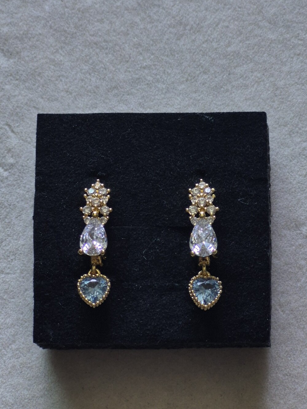 Gold Crystal Drop Earrings with Light Blue Heart Gem